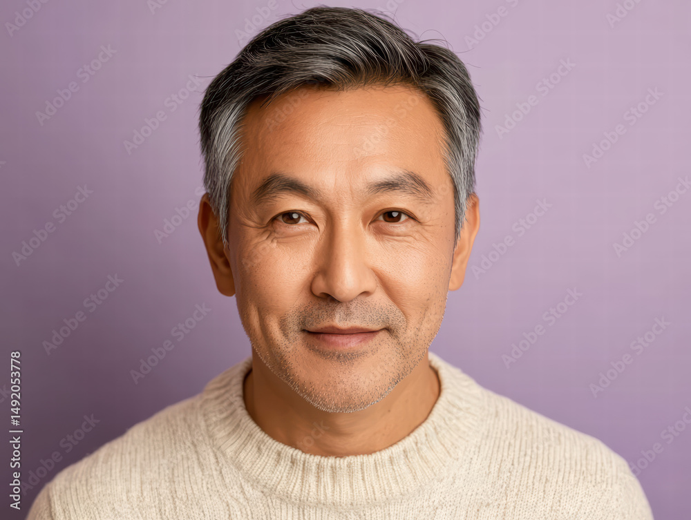 Fototapeta premium Serene Reflection: A close-up portrait of a mature man with gray hair and an expression of quiet contentment. The image captures the essence of experience and calm confidence.