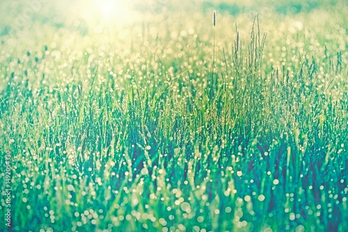 Dew drops illuminated by sunlight on spring grass
