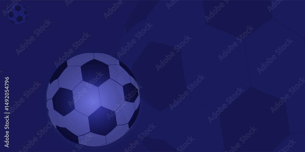 Obraz premium Football championship light background. Vector illustration of abstract glowing neon colored soccer ball and hexagon grid pattern over blue background