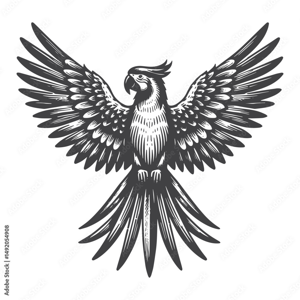 Fototapeta premium Vintage Hand-Drawn Macaw Flying Side View Illustration – Tropical Bird Engraved Style Vector for T-Shirts, Posters, Stickers, and Exotic Themes Apparel