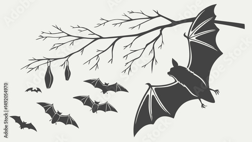 Black Silhouette Illustration of Bats Flying and Hanging from a Tree Branch Nature Wildlife Animal Drawing