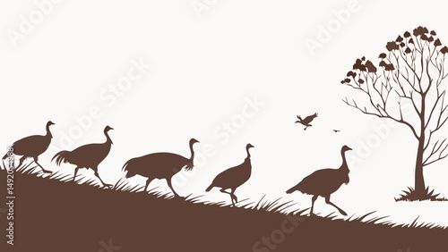 Brown Silhouette of Wild Turkeys Walking Uphill in Nature with Tree and Flying Bird