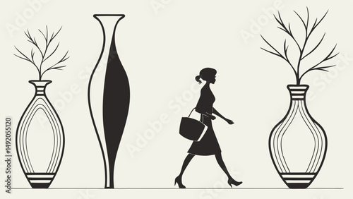 Minimalist Black and White Silhouettes Woman Walking Past Abstract and Decorative Vases with Branches