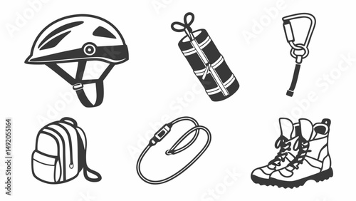 Black and White Line Art Illustration of Essential Outdoor Adventure Gear, Including Helmet, Backpack, Boots, Carabiner, Rope, Sleeping Bag