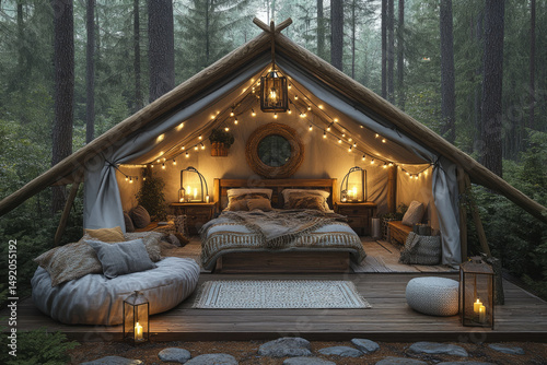 Serene Pine Forest Tent Interior with Ambient Light
