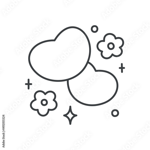 Cute floral illustration. Two hearts surrounded by flowers, stars and sparkles. Hand drawn monochrome illustration isolated on a white background. Kawaii sticker. Valentine day concept. Vector 10 EPS.