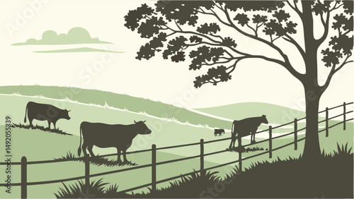 Green Silhouette Farm Landscape Illustration Cows Grazing on Rolling Hills with Tree and Fence