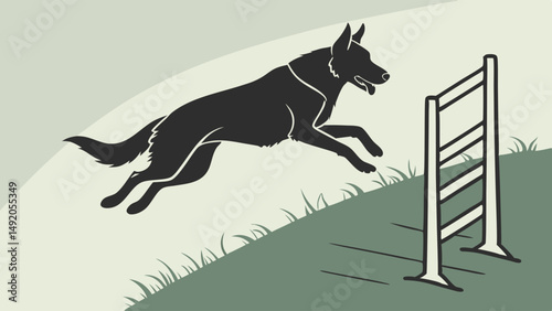 Dynamic Black German Shepherd Silhouette Jumping Agility Hurdle Graphic on Hill