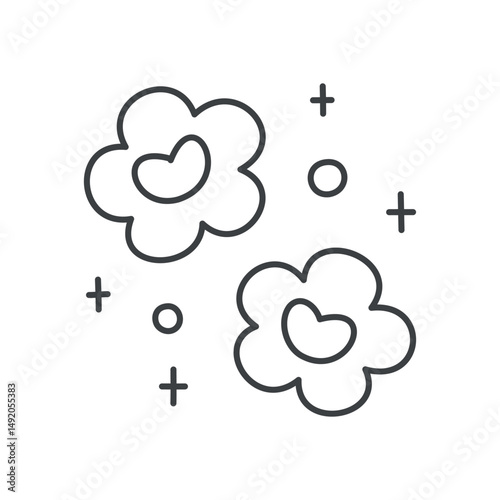 Cute floral illustration. Two flowers with a heart-shaped centers surrounded by sparkles. Hand drawn monochrome illustration isolated on a white background. Kawaii sticker. Vector 10 EPS.
