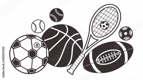 Black and White Sports Equipment Graphic Illustration Featuring an Assortment of Soccer Basketball Tennis Football Rugby Balls and a Tennis Racket
