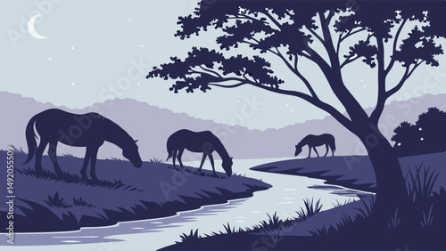 Peaceful night landscape vector illustration featuring silhouette horses grazing by a winding river under a crescent moon