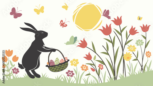 Happy Easter Spring Scene Black Rabbit Silhouette with Egg Basket Colorful Flowers Butterflies Sun