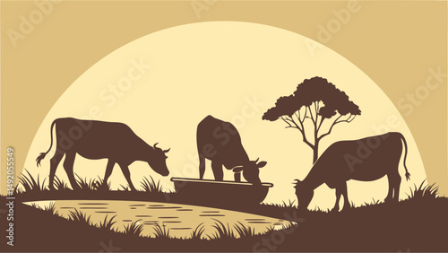 Warm Sepia Silhouette Illustration Three Cows Drinking Water Rural Landscape Sunset