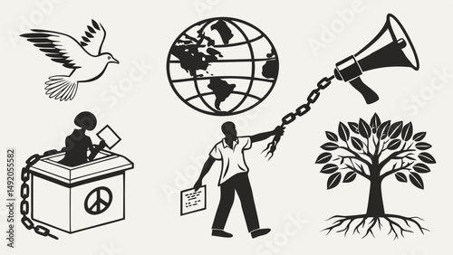 Descriptive Black White Silhouettes Peace Dove Globe Megaphone Freedom Activism Environment Tree