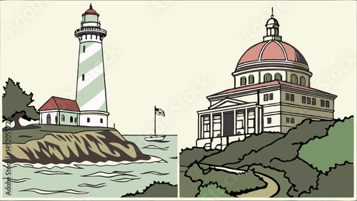 Illustrated Coastal Landscape Art Featuring Striped Lighthouse on Cliff and Classical Domed Building