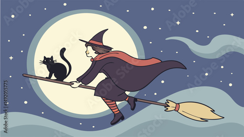 Halloween Fantasy Illustration of Witch and Black Cat Flying on Broomstick Under Full Moon Night Sky
