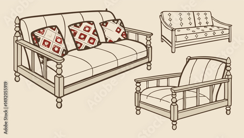 Traditional Wood Frame Living Room Furniture Set Sofa Couch Armchair Illustration