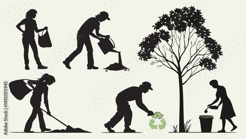 Black silhouette illustrations of people cleaning, recycling, and planting tree for environmental sustainability.