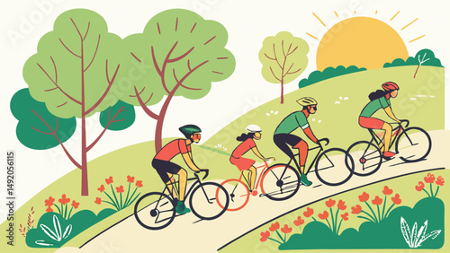 Sunny outdoor flat illustration of a family or group cycling uphill through a vibrant green park with trees and flowers