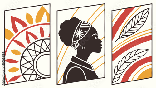 Ethnic Abstract Triptych Wall Art Black Woman Silhouette Sun Feather Patterns