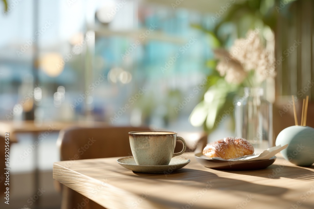 Fototapeta premium Coffee and Croissant on Table in Cafe, Representing Morning Relaxation and Small Business Lifestyle : Generative AI