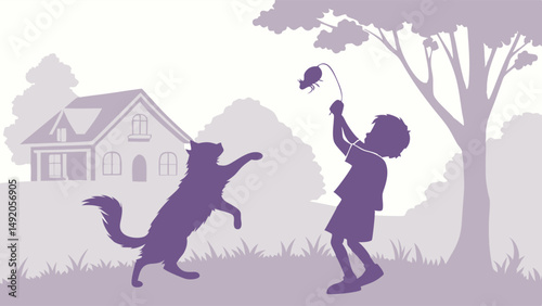 Outdoor purple silhouette illustration of child playing with a cat jumping for a toy in a backyard with a house and trees.