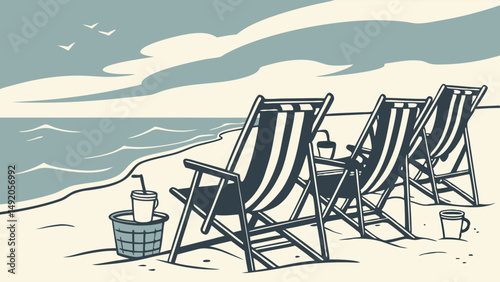 Empty Striped Beach Chairs on Sandy Shore Ocean View Stylized Summer Relaxation Illustration