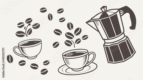Hand Drawn Coffee Illustration Sketch with Moka Pot, Cups, and Beans