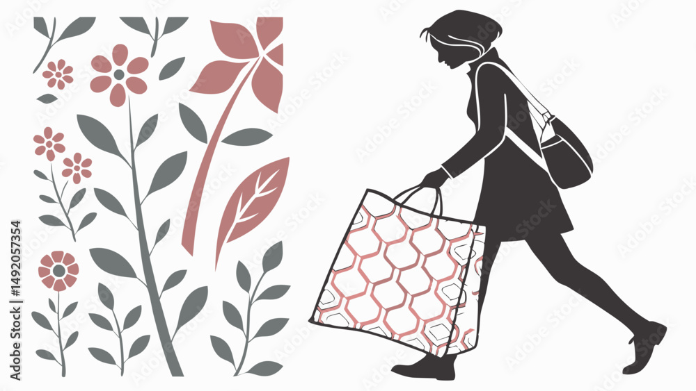 Fashionable Woman Silhouette Shopping with Pattern Bag and Stylized Floral Graphic Illustration