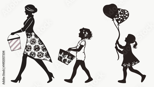 Black White Silhouette Family Walking Shopping Basket Bucket Balloons Illustration