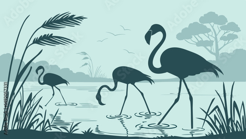 Flat design nature silhouette illustration of three flamingos wading in a wetland landscape