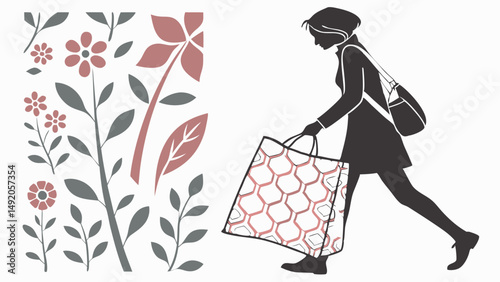 Fashionable Woman Silhouette Shopping with Pattern Bag and Stylized Floral Graphic Illustration