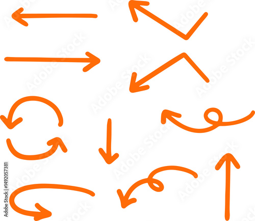 Orange directional arrows and swirls in creative cartoon sketch style