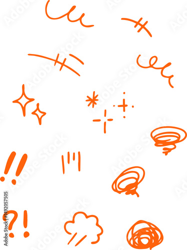 Orange doodle sketch symbols of sparkles, punctuation, and swirls