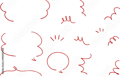 Red doodle sketch clouds, sun, and weather icons in playful style.