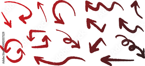 Maroon handdrawn arrows and scribbles in rough expressive sketch style.