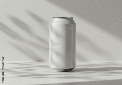 Blank White 330ml Aluminum Can Mockup with Subtle Leaf Shadows photo