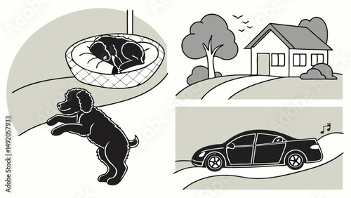 Black White Illustration Puppy Sleeping Standing House and Car Scenes