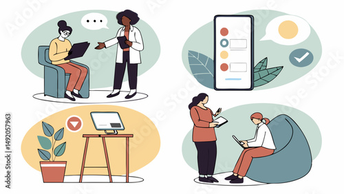 Flat Illustration Digital Health Telehealth Online Therapy Patient Doctor Sessions