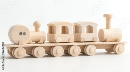 Wooden toy train set on white background.