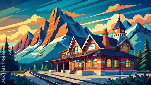 Banff Railway Station in summer evening. Banff National Park, Canadian Rockies. Banff, Alberta, Canada. Very beautiful 