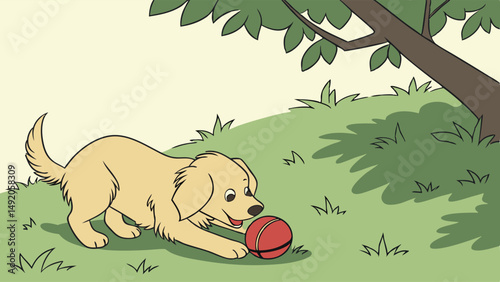 Cute Cartoon Golden Retriever Puppy Playing with Red Ball Under Tree Illustration