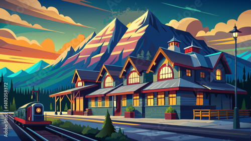 Banff Railway Station in summer evening. Banff National Park, Canadian Rockies. Banff, Alberta, Canada. Very beautiful 