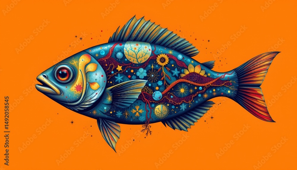 Fototapeta premium a solarpunk vision of ,no text, no logo fish keeping, centered, isolated orange background