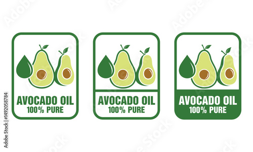 Avocado oil icon set. Avocado with oil drop label, logo design vector. Avocado oil label for product packaging design.