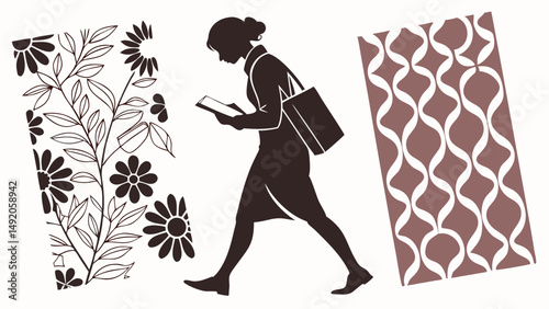 Silhouette Woman Reading Tablet Walking, Minimalist Sepia Illustration with Floral and Geometric Patterns
