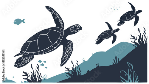 Stylized Underwater Graphic Art Illustration of Three Sea Turtles Swimming Up from the Seabed
