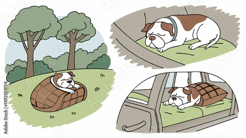 Cute Cartoon Bulldog Sleeping Outdoors, In Car, and In Pet Carrier Illustration