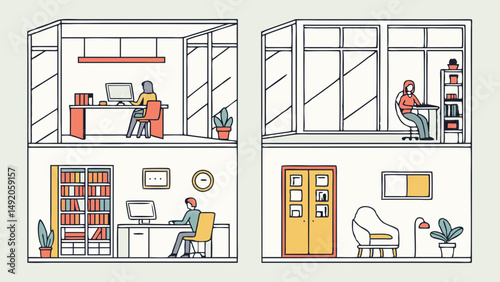 Modern Building Interior Cross Section Illustration Work Home Office Library Living Room People Line Art Style