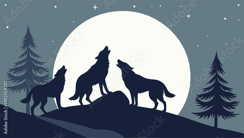 Dark forest silhouette illustration with three wolves howling at a bright full moon at night